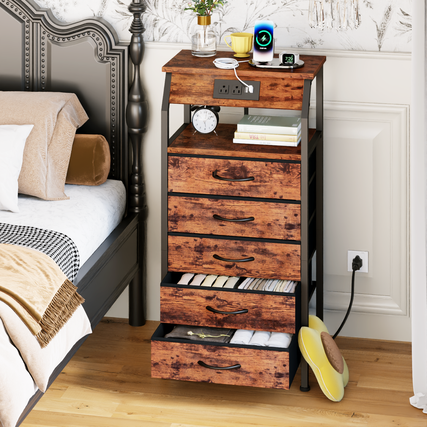 Satifur Nightstand with Charging Station, Bedside Dresser with 5 Fabric Drawers and Storage Shelves for Bedroom, Rustic Brown