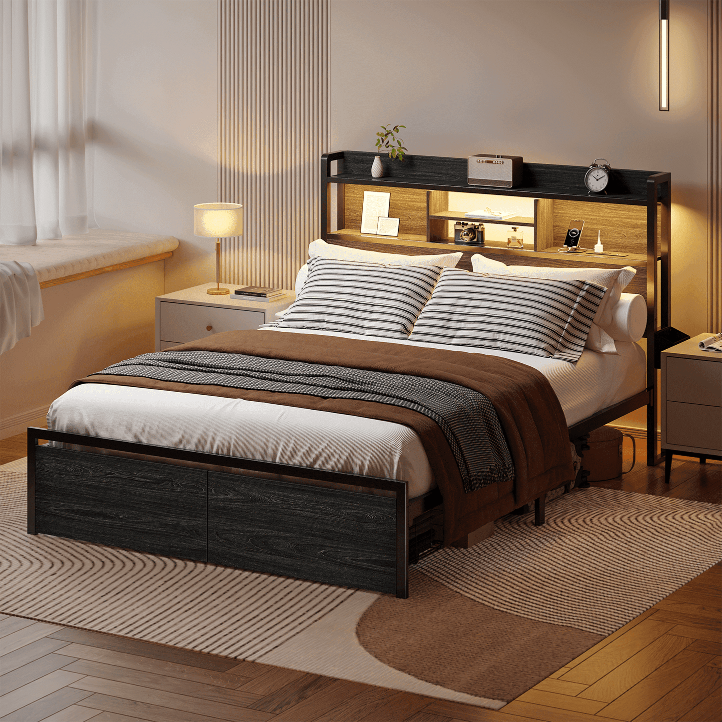 Tydimor Full Bed Frame with Charging Station, 2 Storage Drawers, LED Lights, Sturdy Metal Construction,Black