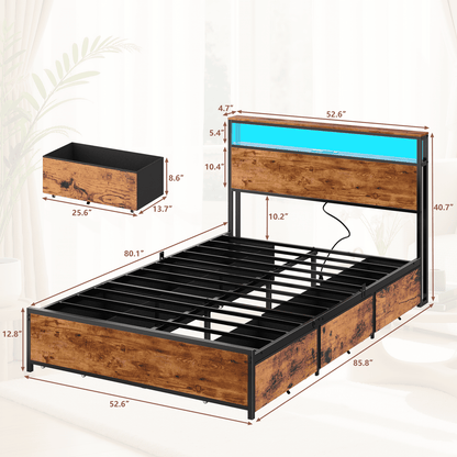 Tydimor Full Bed Frame with 6 Storage Drawers, Metal Platform Bed Frame with 2-Tier Storage Headboard & LED, Built in Charging Station, Noise-Free, No Box Spring Needed, Rustic Brown