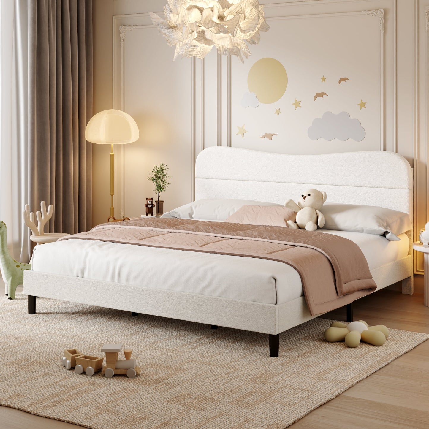 Tydimor King Bed Frame with Teddy Velvet Soft Curved Headboard, Platform Bed with Wooden Slats Support, Easy Assembly, Noise-Free, White
