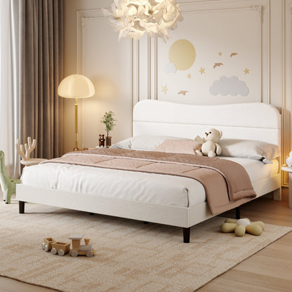 Tydimor King Bed Frame with Teddy Velvet Soft Curved Headboard, Platform Bed with Wooden Slats Support, Easy Assembly, Noise-Free, White