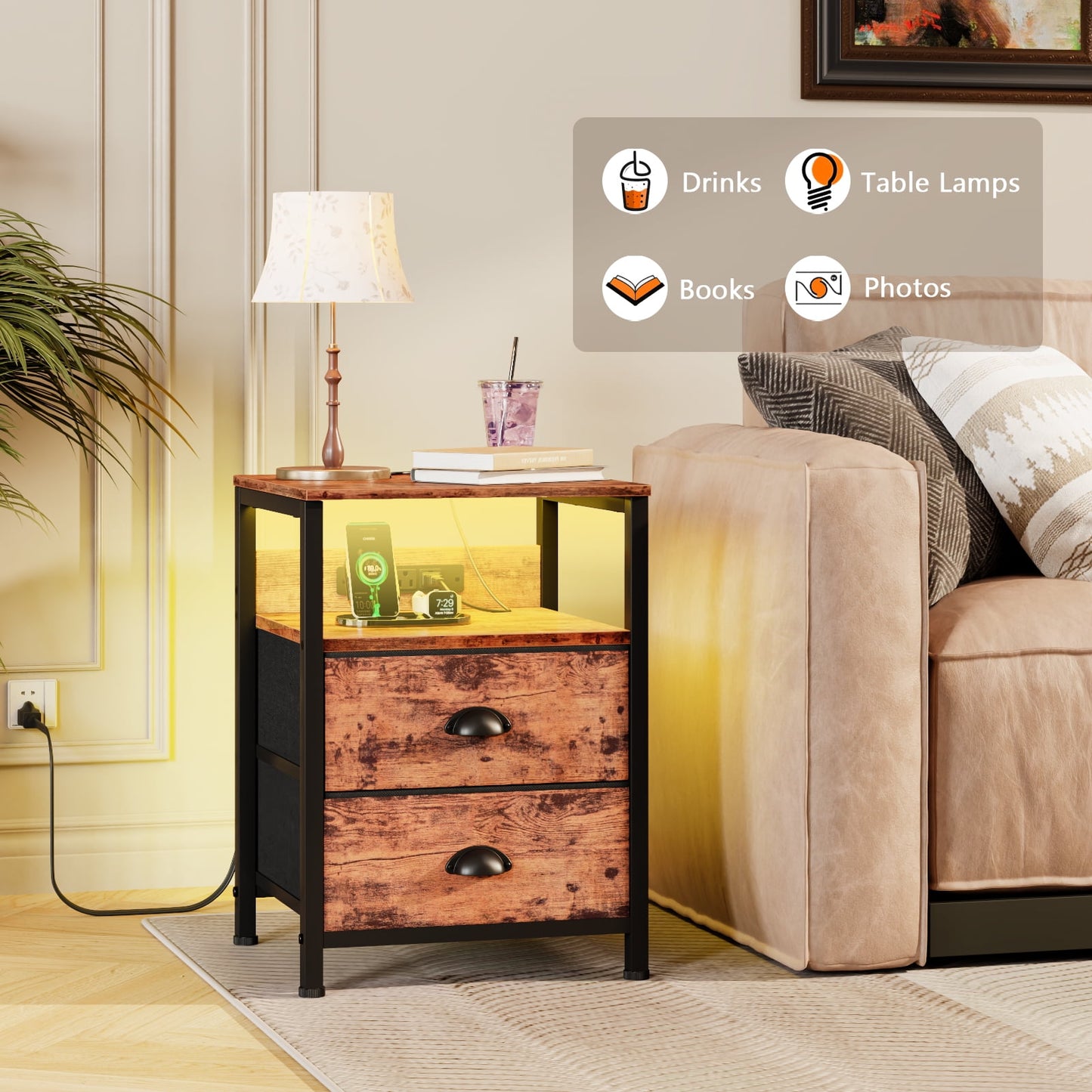 Satifur Night Stand Set of 2 with Charging Station,LED Nightstand with Fabric Drawers Bed Side Table,Rustic Brown