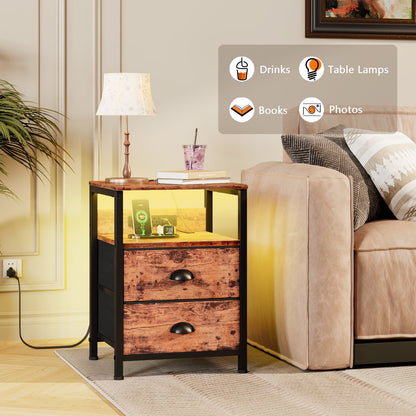 Satifur Night Stand Set of 2 with Charging Station,LED Nightstand with Fabric Drawers Bed Side Table,Rustic Brown