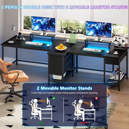 Satifur 2-Person Computer Desk with LED Lights,Charging Station and fabric drawers, Extra Long Double Office Desk Computer Desk, Black