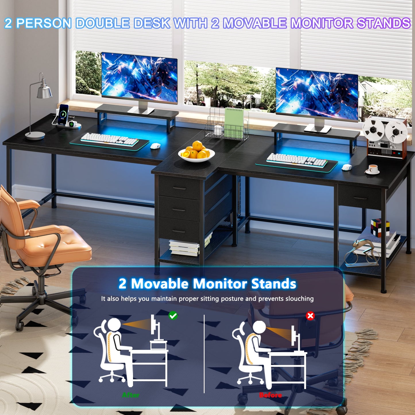 Hexmn LED Lights Computer Monitor Desks fabric drawers for 2 Monitors Dual, L Shape Smart Corner Gaming Tables with Charging Station