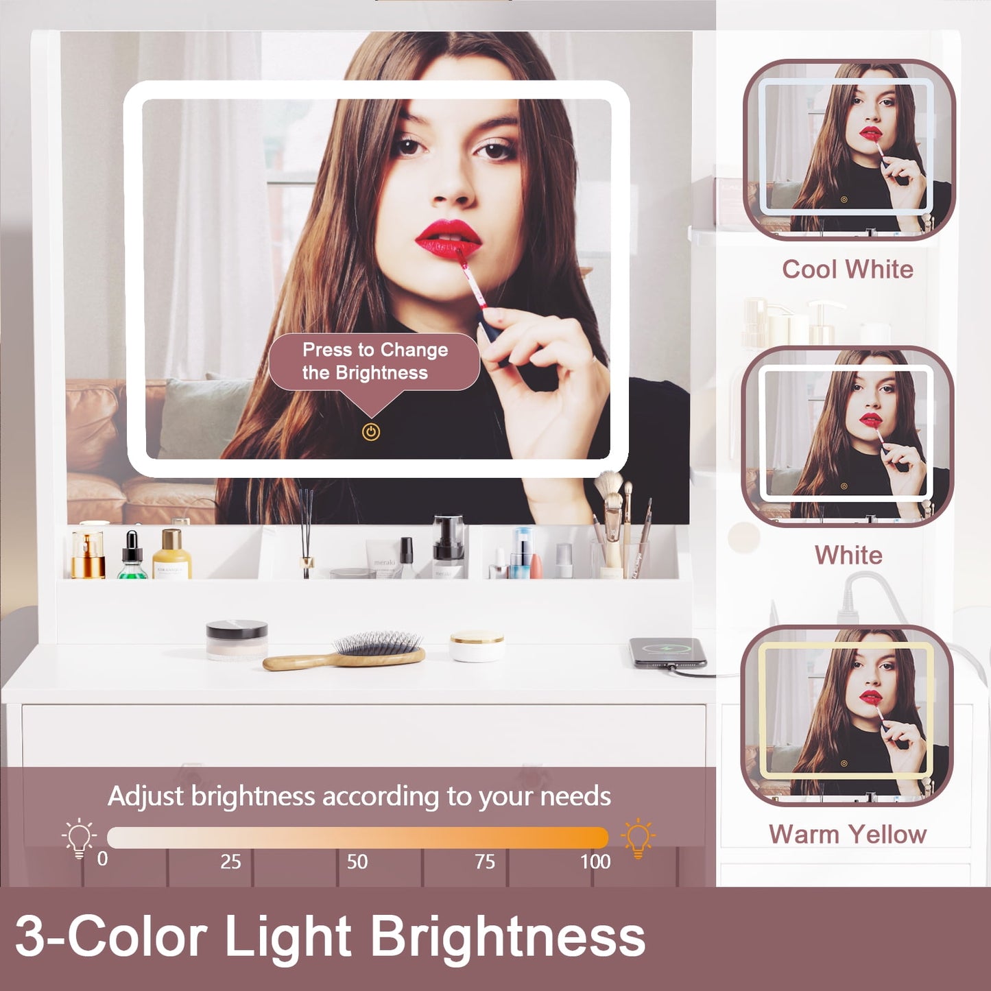 Hexmn women dressing Vanity Set with storage drawers & cabinet, LED Makeup tables with charging station, square mirror for bedroom