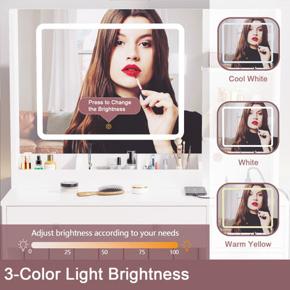 Hexmn women dressing Vanity Set with storage drawers & cabinet, LED Makeup tables with charging station, square mirror for bedroom