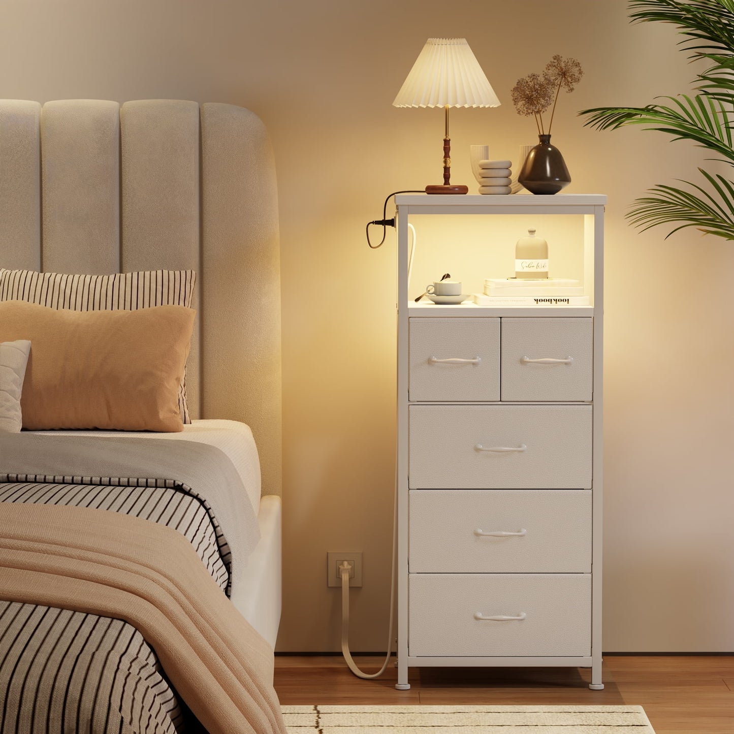 Satifur LED Dresser for Bedroom with Charging Station, 5 Fabric Drawers Tall Nightstand Open Shelf, White