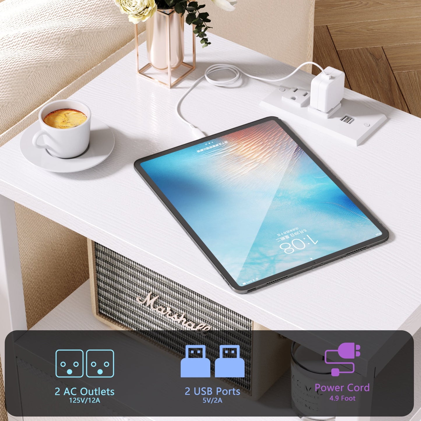 Satifur Bedside Table with Charging Station,LED Nightstand with 2 Fabric Drawers,White