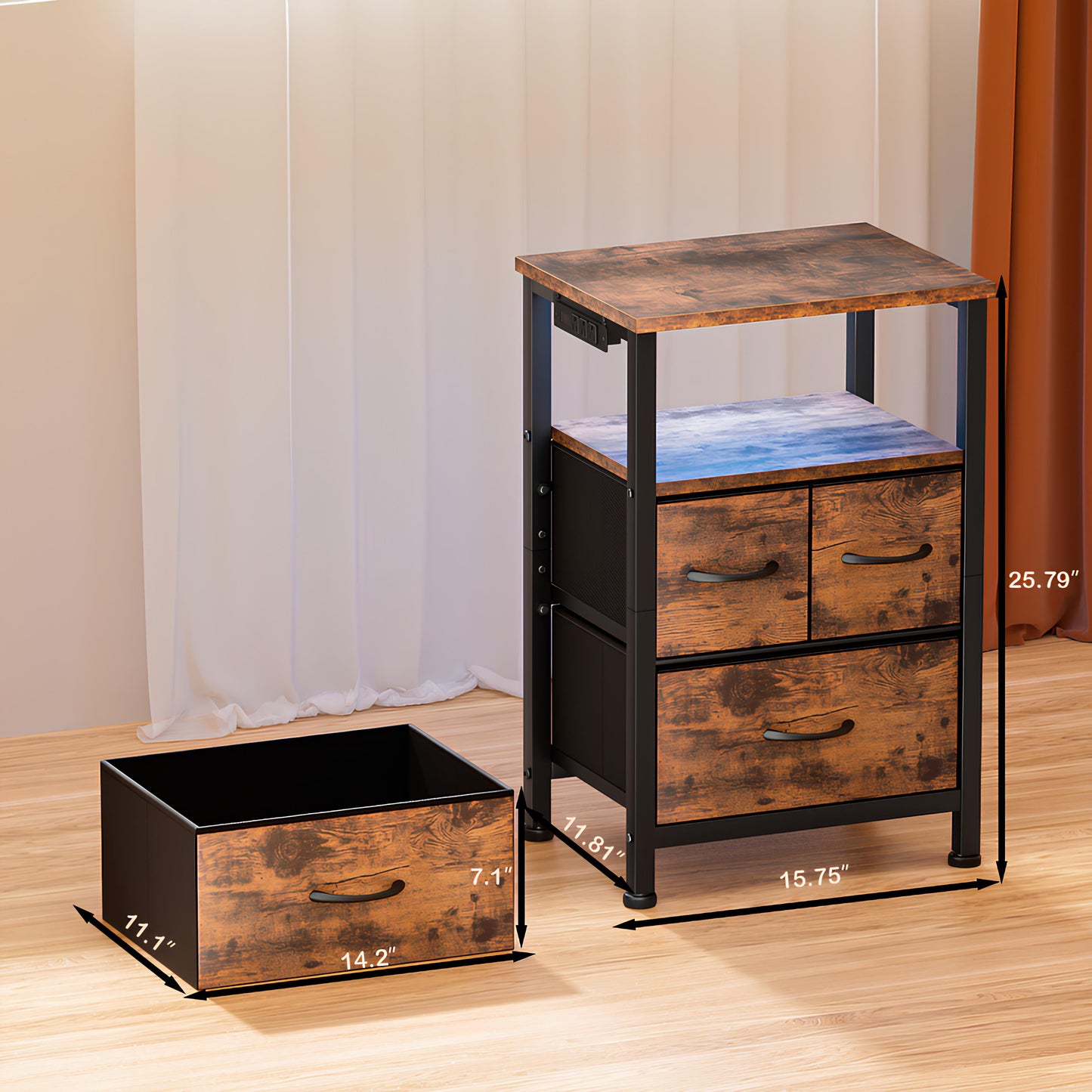 TYDIMOR Nightstand Bedside Table with Charging Station, 3 Drawer Dresser for Bedroom Furniture, Brown, Modern Style, Adults