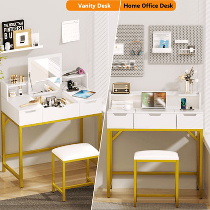Satifur Vanity Desk 2 in 1 Design with Mirror and Charging Station Makeup Table with Chair and Storage Space