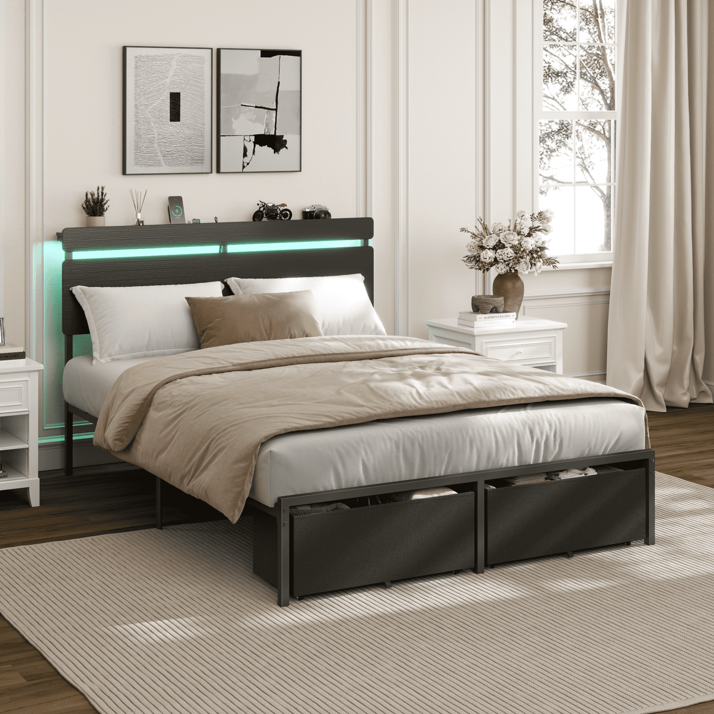 Satifur Full Size Bed Frame with 2 Drawers & LED Lights & Charging Station, Beds with Headboard & 10.10" Under Bed Storage, No Box Spring Needed, Easy Assembly, Black