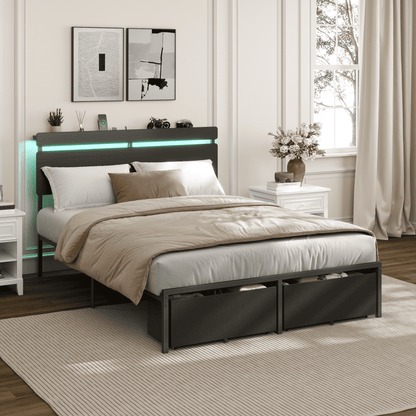 Satifur Full Size Bed Frame with 2 Drawers & LED Lights & Charging Station, Beds with Headboard & 10.10" Under Bed Storage, No Box Spring Needed, Easy Assembly, Black