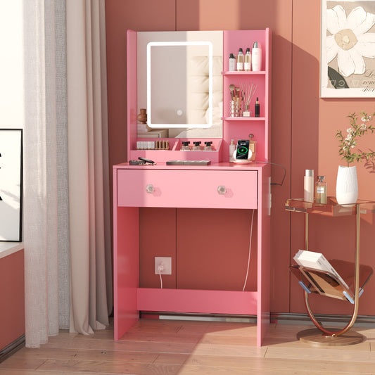 Satifur Vanity Desk with Mirror & Lights, GRWM Vanity with Drawers & Storage Shelves, Makeup Dressing Table with Charging, Pink