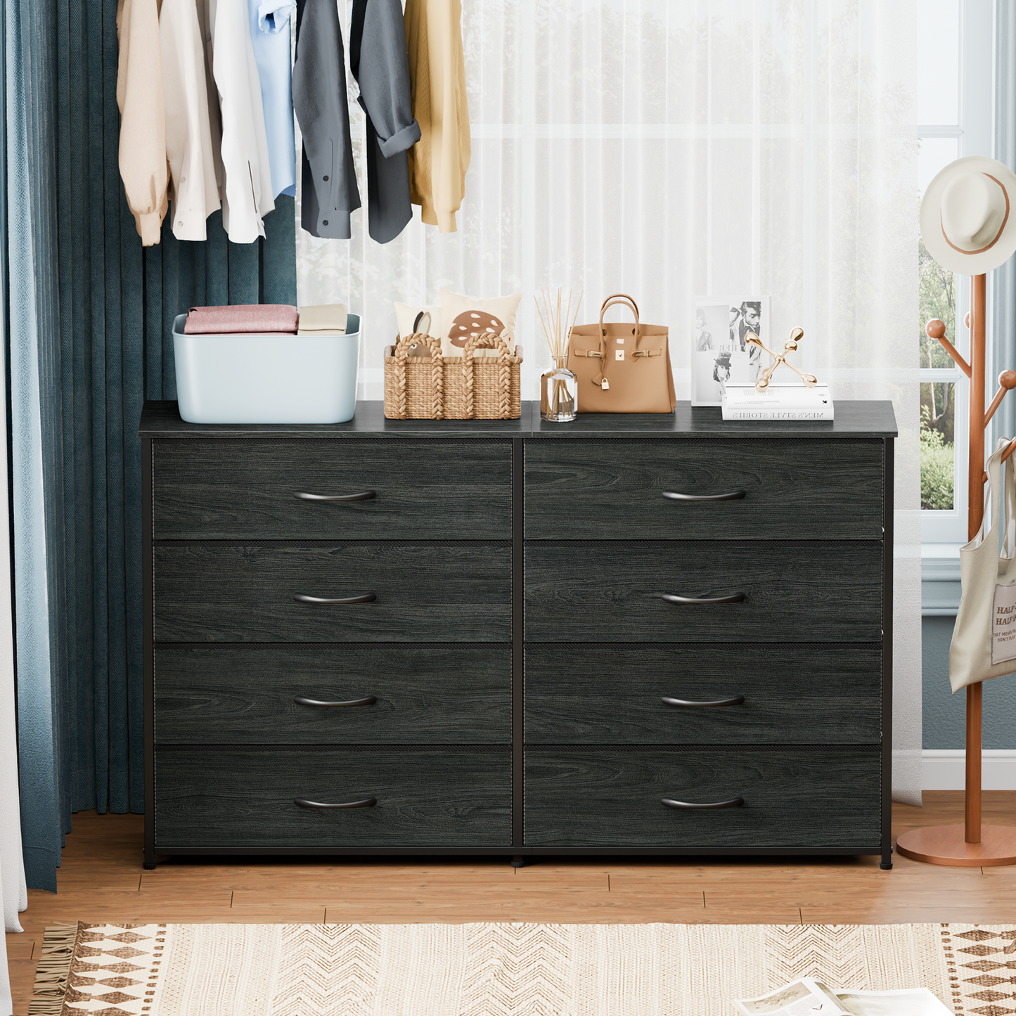 Tydimor Black 8 Fabric Drawers Dressers for Bedroom Wide Dresser TV Stand for 55" TVs, Chest of Drawers