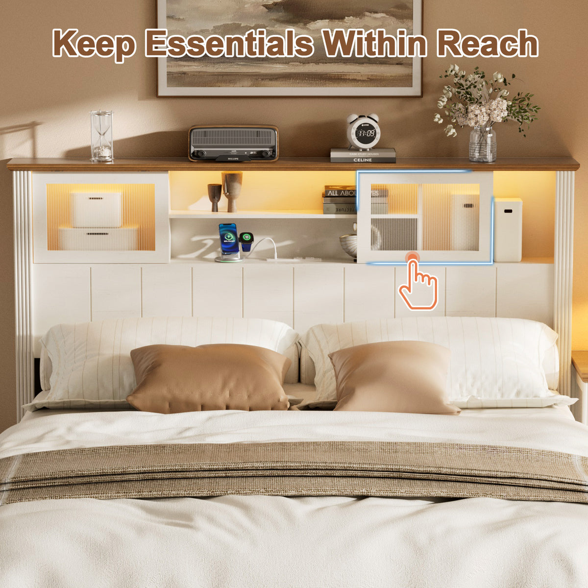 Satifur Metal Platform Bed Frame with Storage Drawers & RGB LED Strip Light, Built‑in Charging Station, No Box Spring Needed, White & Walnut Brown