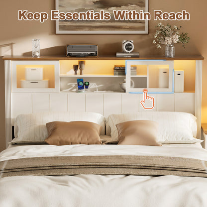 Satifur Metal Platform Bed Frame with Storage Drawers & RGB LED Strip Light, Built‑in Charging Station, No Box Spring Needed, White & Walnut Brown