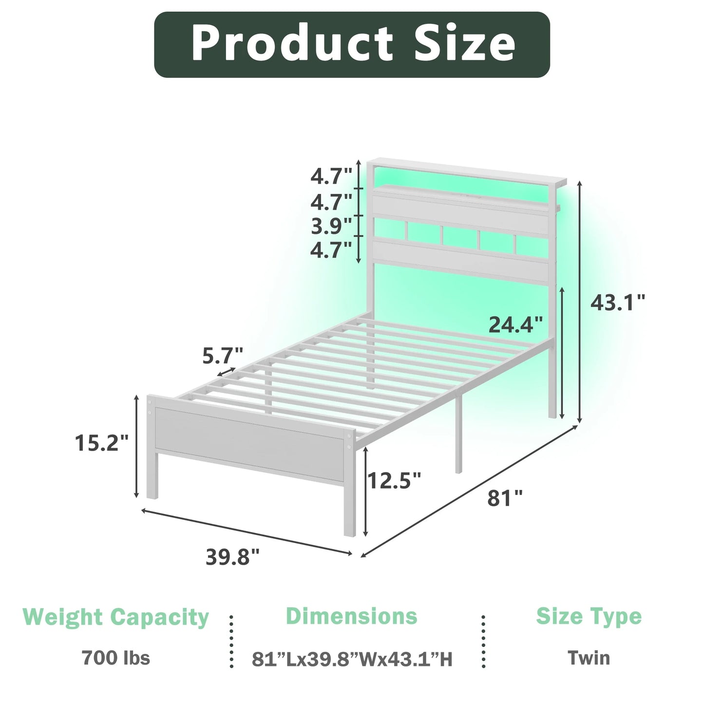 Satifur Twin Bed Frames with Charging Station and LED Lights, Twin Size Platform Bed with Wood Headboard & 2-Tier Storage Shelves, No Box Spring Needed, White
