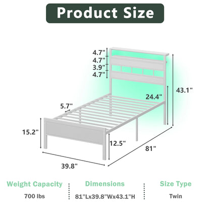 Satifur Twin Bed Frames with Charging Station and LED Lights, Twin Size Platform Bed with Wood Headboard & 2-Tier Storage Shelves, No Box Spring Needed, White