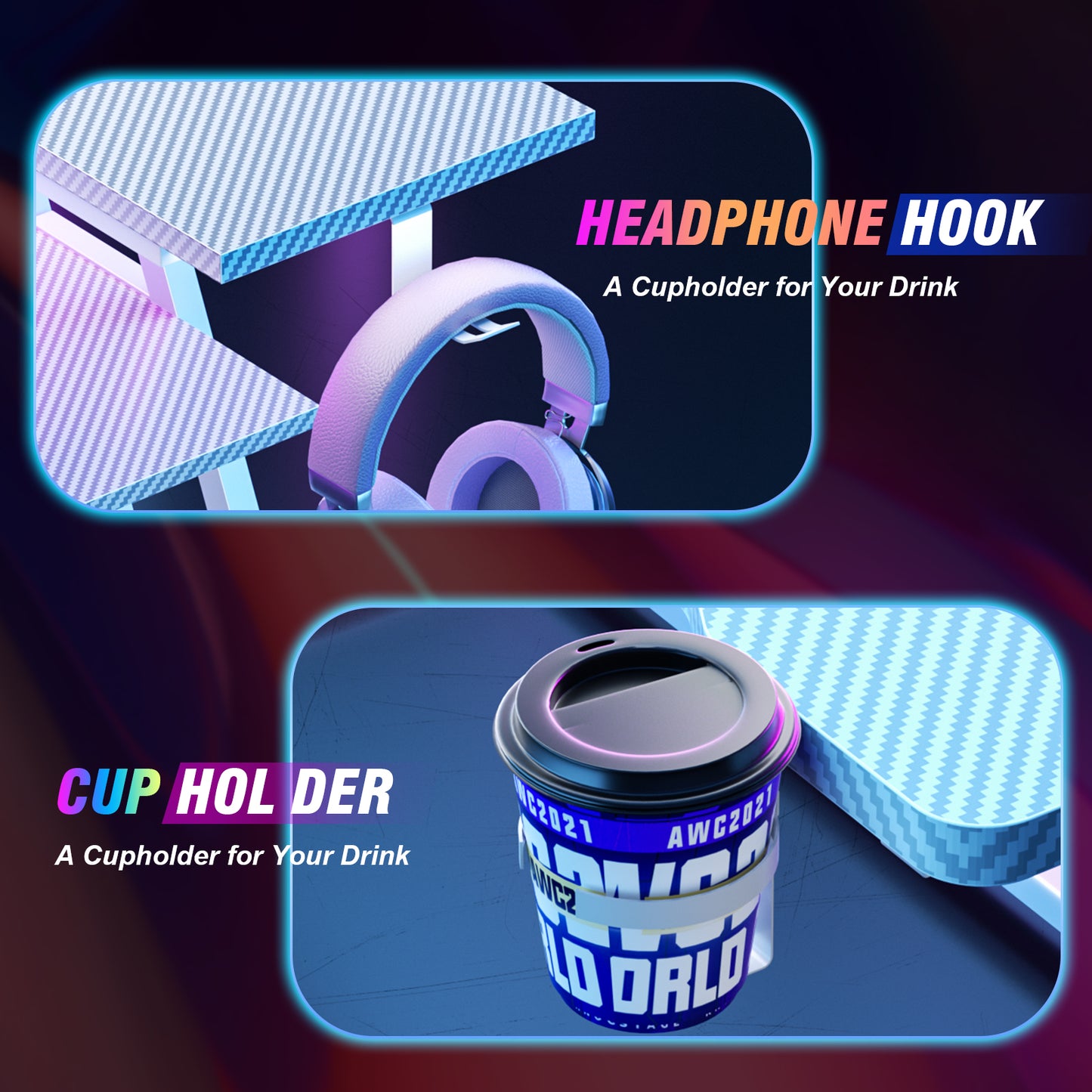 Satifur 55" Carbon Fiber Gaming Desk L-Shaped Computer Desk, RGB Lights & Power Outlets, White