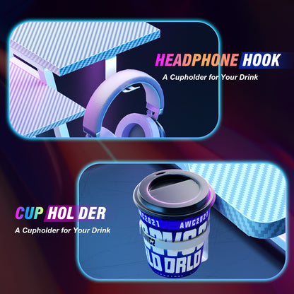 Satifur 55" Carbon Fiber Gaming Desk L-Shaped Computer Desk, RGB Lights & Power Outlets, White