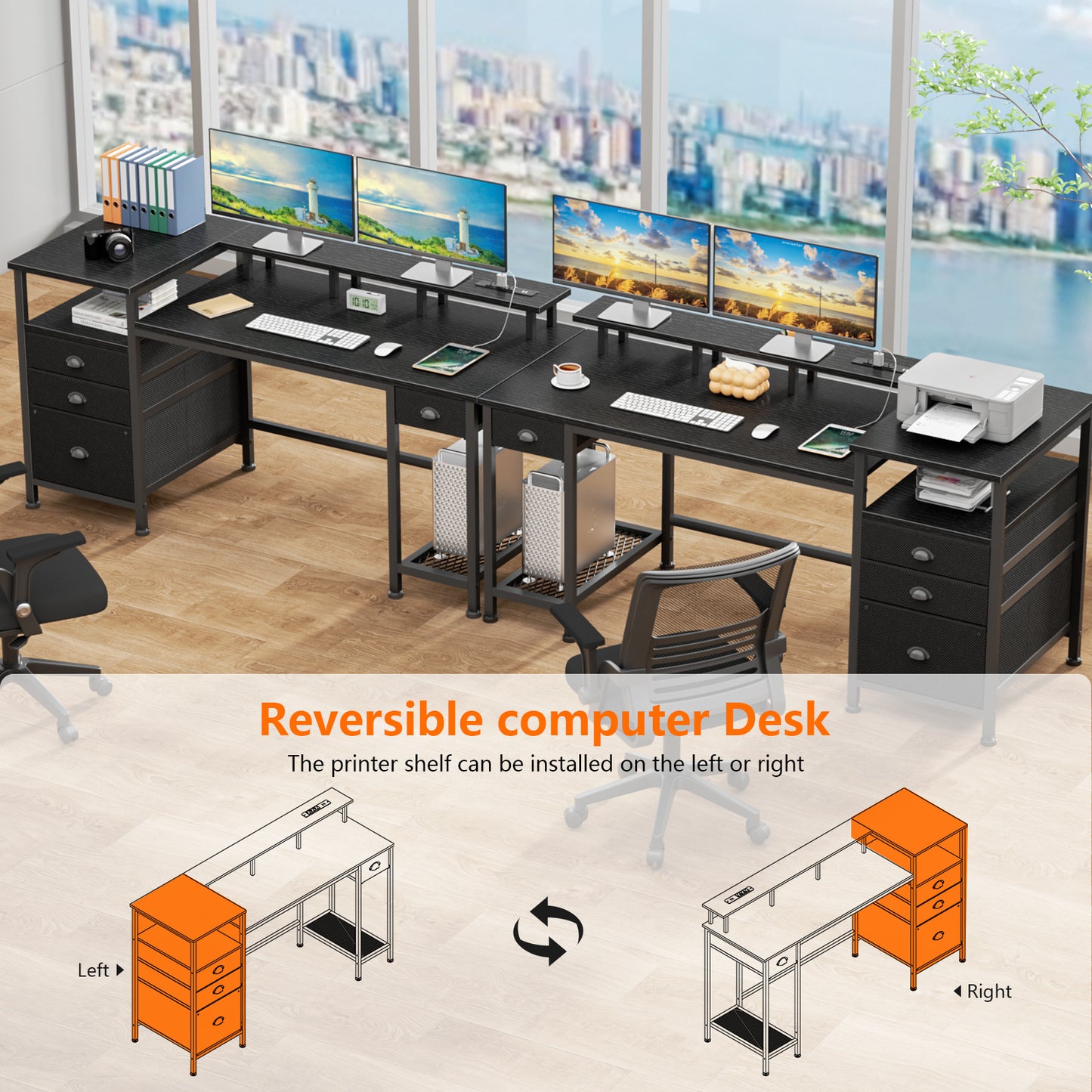 Satifur Computer Desk with 4 Drawers, 61 Inch Reversible Desk with Led Lights & Power Outlet, Home Office Desk with File Drawer & Monitor Stand, Black