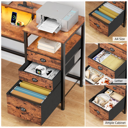 Satifur Computer Desk with 4 Drawers, 60 Inch Reversible Desk with Led Lights & Power Outlet, Home Office Desk with File Drawer & Monitor Stand, Rustic Brown