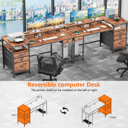 Satifur Computer Desk with 4 Drawers, 60 Inch Reversible Desk with Led Lights & Power Outlet, Home Office Desk with File Drawer & Monitor Stand, Rustic Brown