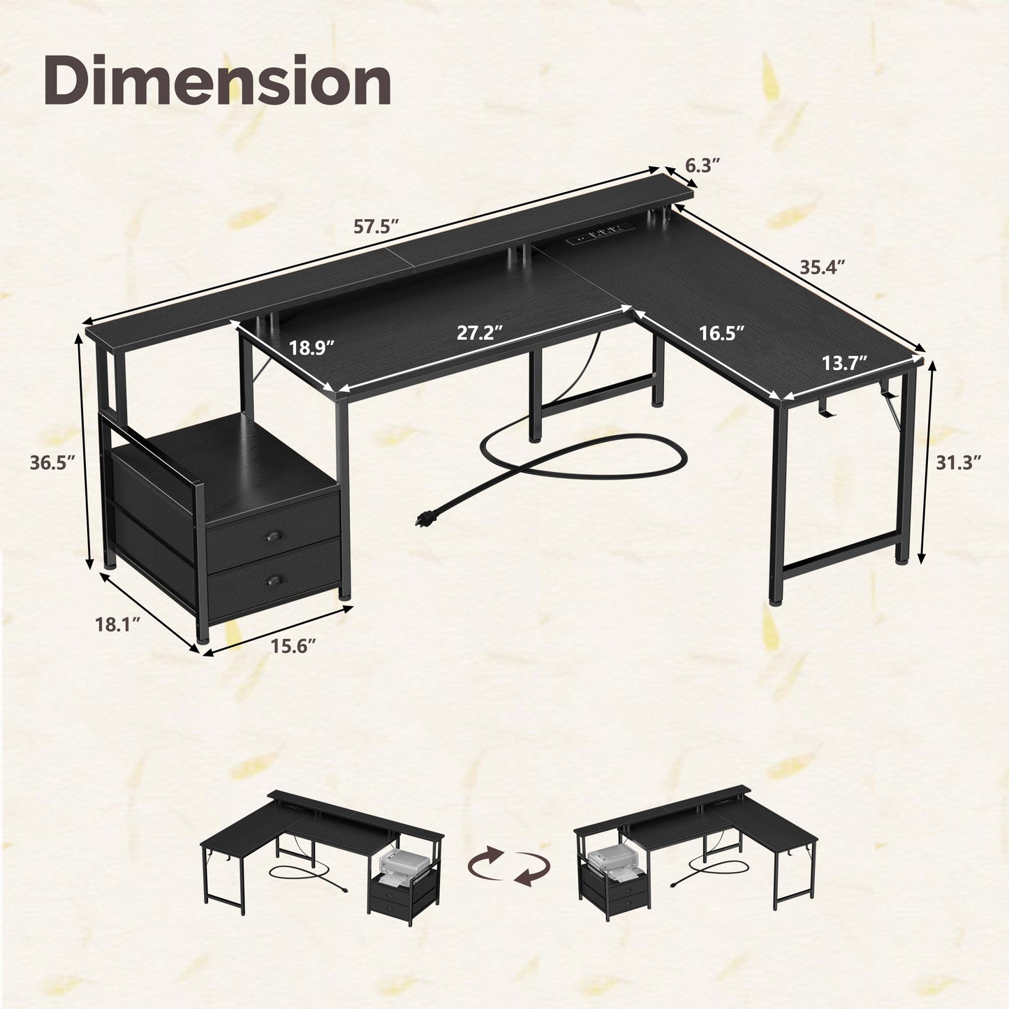 Satifur 57" L-Shaped Gaming Desk with LED Lights & Power Outlets, Computer Desk with Drawers & Printer Stand, Black