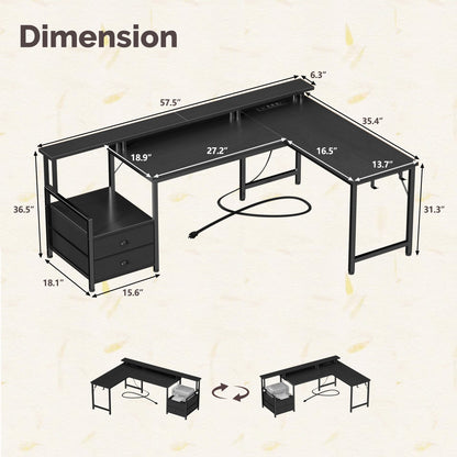 Satifur 57" L-Shaped Gaming Desk with LED Lights & Power Outlets, Computer Desk with Drawers & Printer Stand, Black