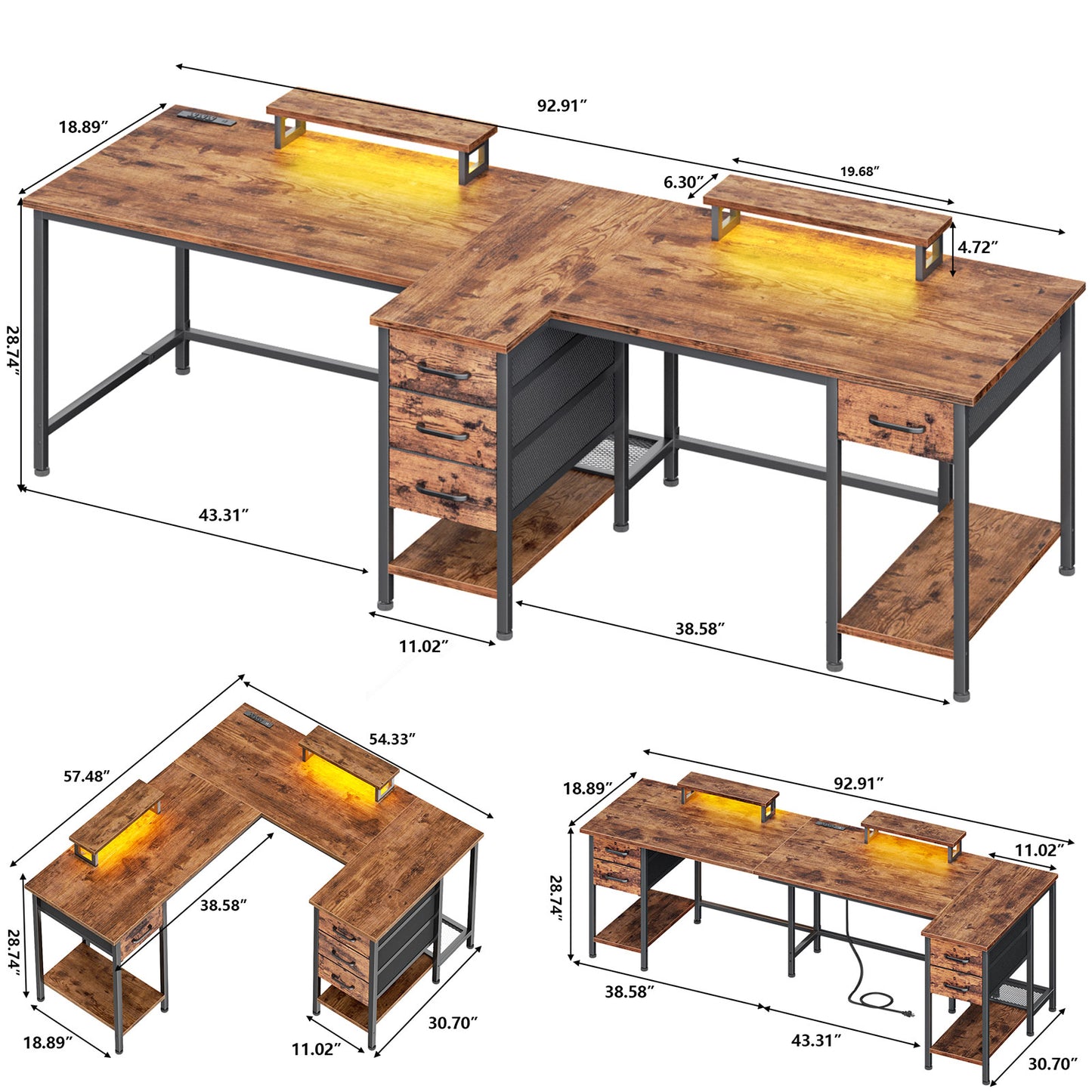 Satifur Computer Desk with Power Outlet & LED Light, Home Office Writting Desk for 2 Person 93" with Drawers & Monitor Stands, Rustic