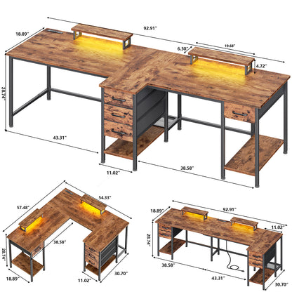 Satifur Computer Desk with Power Outlet & LED Light, Home Office Writting Desk for 2 Person 93" with Drawers & Monitor Stands, Rustic