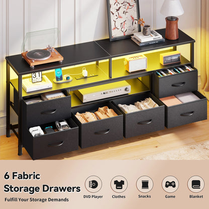 Tydimor 55 Inch TV Stand with LED Lights & Charging Power Station, 6 Fabric Drawer Dresser, Multifunctional Media Console, Sideboard Storage Cabinet, Entryway Hallway Table Fits 32-70 Inch TV
