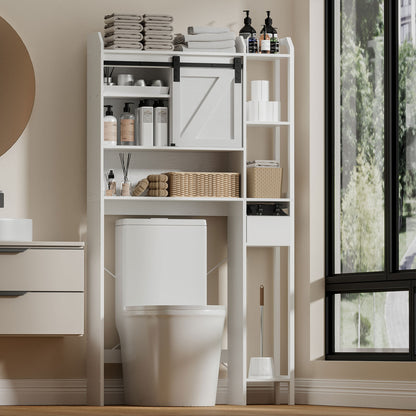 Satifur Over The Toilet Storage Cabinet, Bathroom Space Saver with Sliding Barn Door, 6-Tier Freestanding Bathroom Shelf Farmhouse Organizer, White