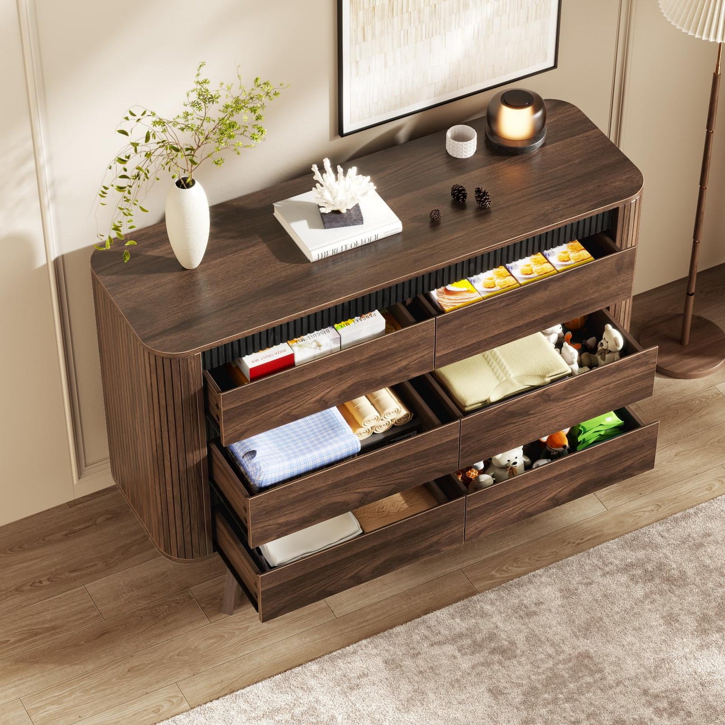 Satifur 47.2″ Wide 6-Drawer Wood Dresser, for Bedroom Storage & as TV Stand, American Walnut