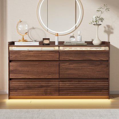 Satifur 6-Drawer Dresser with Charging Station & LED Lights, Modern Wooden Storage Cabinet & Chest of Drawers for Bedroom and Living Room, American Walnut