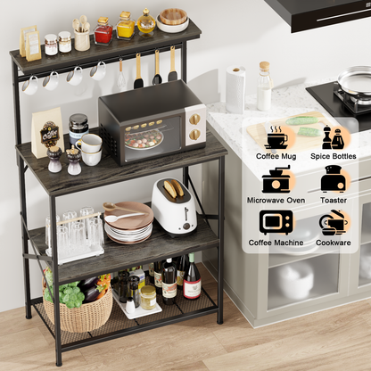 Tydimor Bakers Rack with 8 Hooks, Kitchen Microwave Stand, 4-Tier Coffee Bar Table, Space-Saving Kitchen Storage Shelf, Light Black Oak