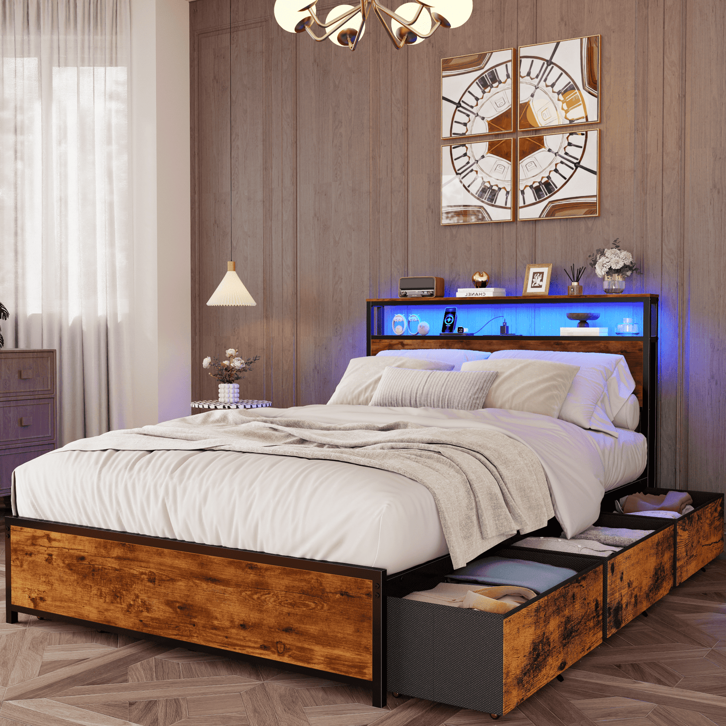 Satifur Full Bed Frame with 6 Storage Drawers, Metal Platform Bed Frame with 2-Tier Storage Headboard & LED, Built in Charging Station, Noise-Free, No Box Spring Needed, Rustic Brown