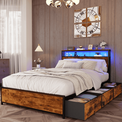 Satifur Full Bed Frame with 6 Storage Drawers, Metal Platform Bed Frame with 2-Tier Storage Headboard & LED, Built in Charging Station, Noise-Free, No Box Spring Needed, Rustic Brown