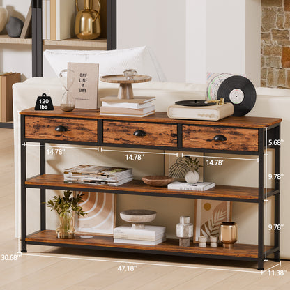 Satifur 47" Entryway Table with 4 Fabric Drawers, Console Table Metal Frame Sofa Table with 2 Shelves for Living Room and Hallway,Brown