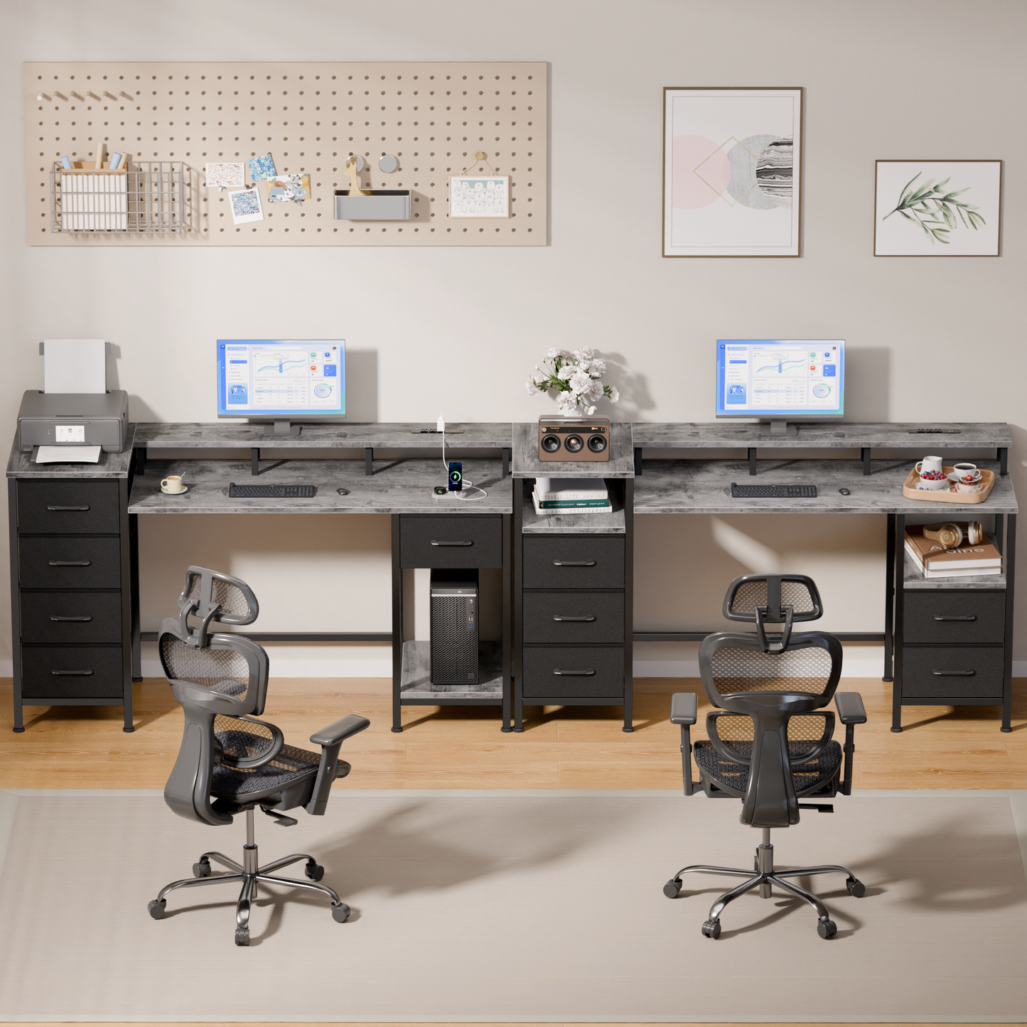 Satifur Gaming Desk with LED Lights & Power Outlets, 47" Computer Desk with 5 Fabric Drawers & Open Storage, Reversible Home Office Desk,Grey