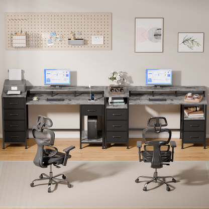 Satifur Gaming Desk with LED Lights & Power Outlets, 47" Computer Desk with 5 Fabric Drawers & Open Storage, Reversible Home Office Desk,Grey