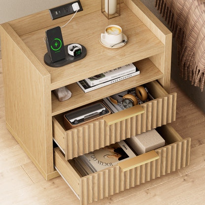 Satifur Modern Fluted Nightstand Set of 2 with Charging Station & 2 Storage Drawer for Bedroom