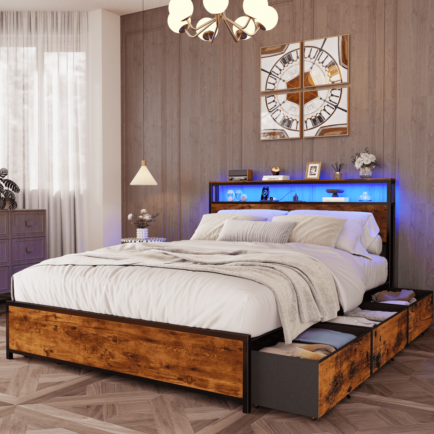 Satifur Queen Bed Frame with 6 Storage Drawers, Metal Platform Bed Frame with 2-Tier Storage Headboard & LED, Built in Charging Station, Noise-Free, No Box Spring Needed, Rustic Brown