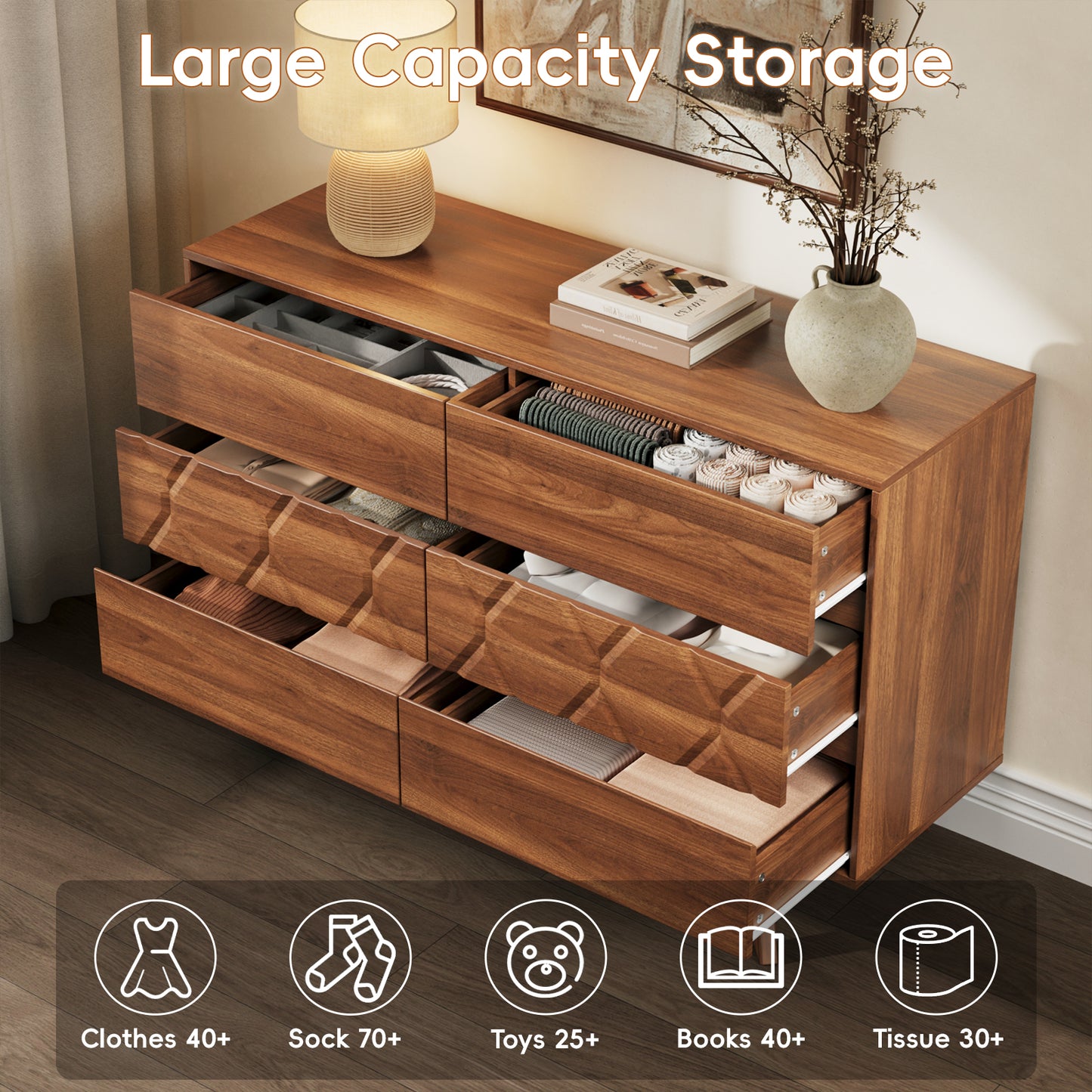 Tydimor 6 Drawer Wooden Geometric Dresser, 47" Wide Mid Century Textured Chest of Drawers, Bedroom Storage Cabinet & TV Stand, Walnut