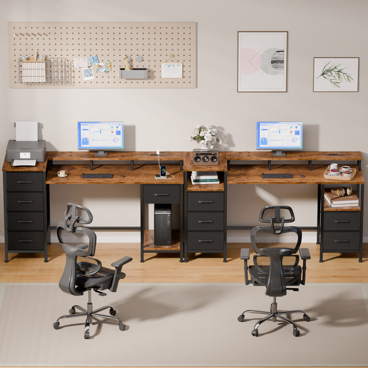 Satifur Gaming Desk with LED Lights & Power Outlets, 47" Computer Desk with 5 Fabric Drawers & Open Storage, Reversible Home Office Desk,Retro Brown