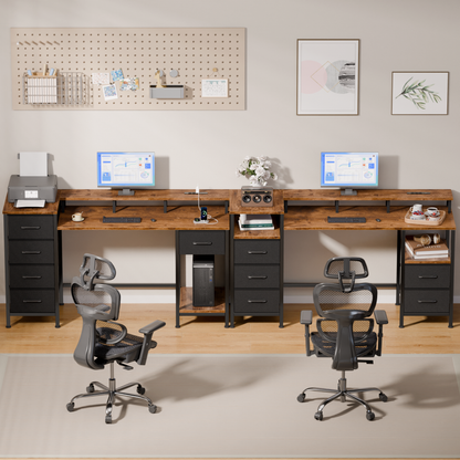 Satifur Gaming Desk with LED Lights & Power Outlets, 47" Computer Desk with 5 Fabric Drawers & Open Storage, Reversible Home Office Desk,Retro Brown