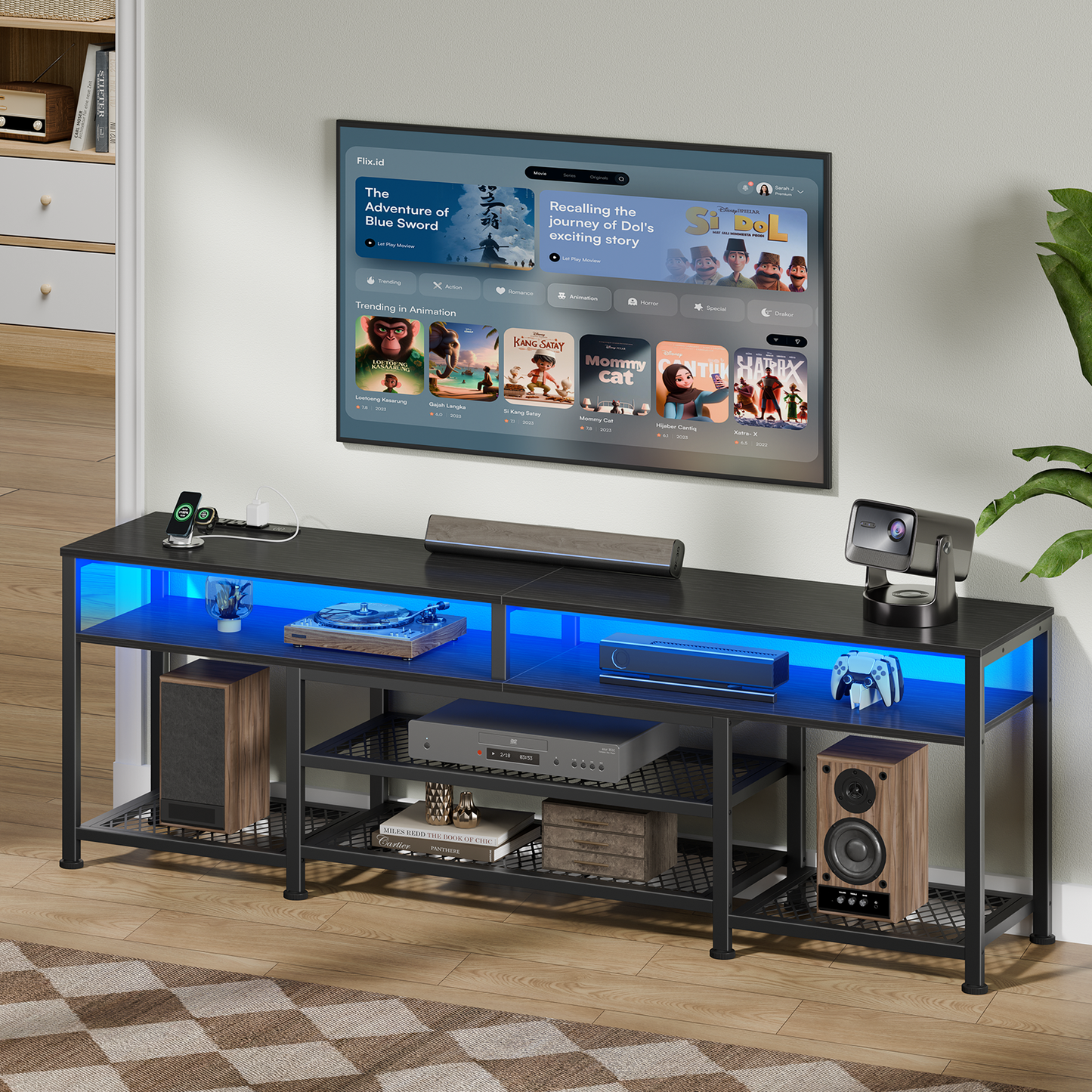 Tydimor Modern TV Stand for TVs up to 75", Media Console with Storage for Living Room, LED Entertainment Center with Outlets, Black