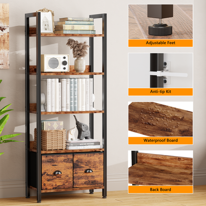 Iezza 5 Tier Rustic Brown Industrial Bookcase, Tall Storage Organizer with Detachable Drawers, Waterproof & Easy Clean Shelving for Bedroom, Kitchen, Entryway