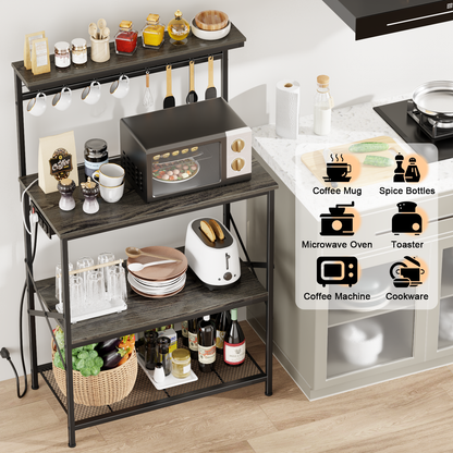 Tydimor Bakers Rack with Power Outlet, Kitchen Microwave Stand, 4-Tier Coffee Bar Table, Space-Saving Kitchen Storage Shelf, Light Black Oak